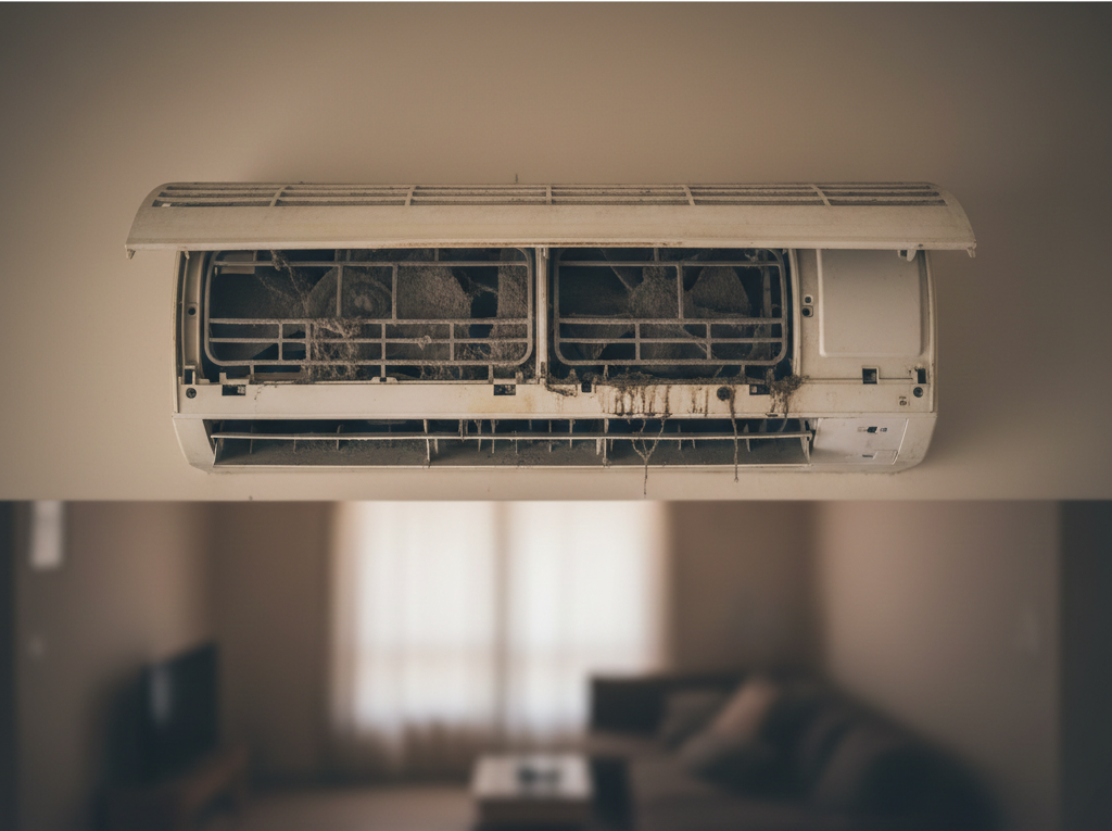 Aircond panel opened showing internal components for inspection