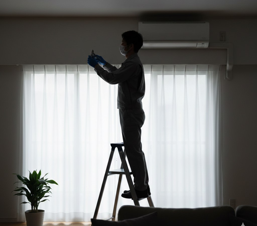 Technician on ladder doing indoor maintenance near window