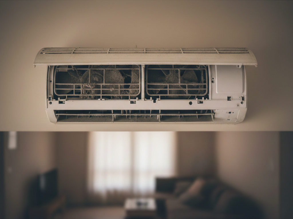 Aircond indoor unit opened showing internal coil and components