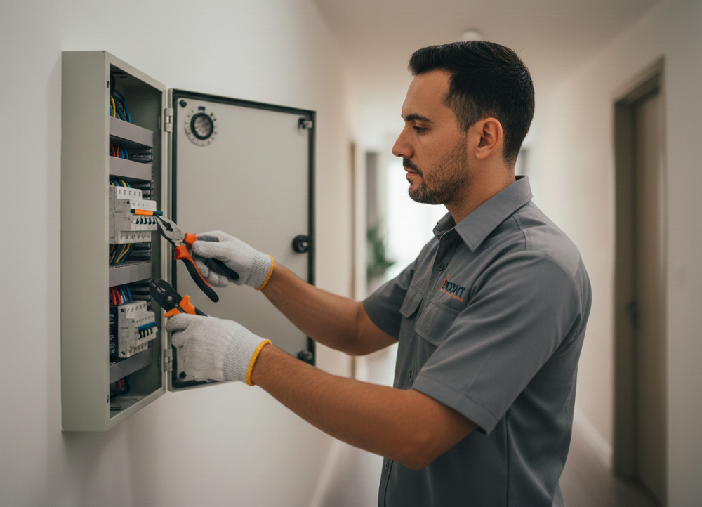 Technician performing on site inspection and service check