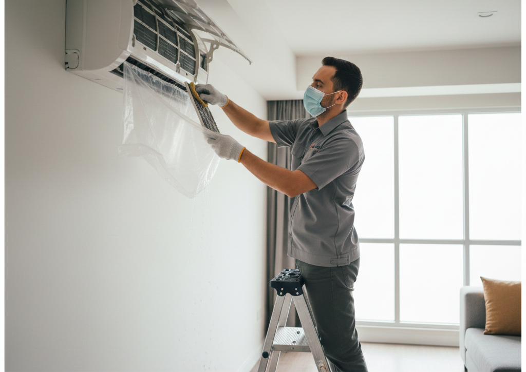 Technician servicing indoor wall mounted air conditioner